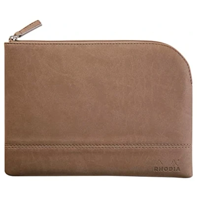Afbeelding van RHODIA 116625C tas met ritssluiting van kunstleer taupe maat M (16 x 22 cm) echte naden binnenkant oranje stof opslag documenten, kleine benodigdheden