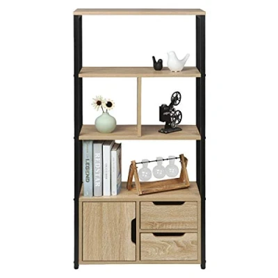 Afbeelding van WOLTU RGB09hei Opbergplank Boekenplank met kast en laden,Metalen Kantoorplank Keukenplank 58x24x120cm,Lichteiken