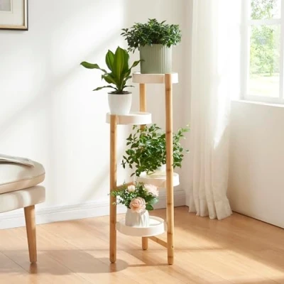 Afbeelding van Plantenstandaard Sastamala 85x32x32 cm wit en bamboe