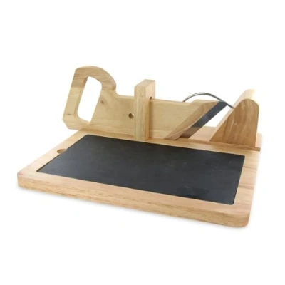 Afbeelding van Totally Addict KD3212 Handmatige vlees en kaassnijder met uitneembare leisteendienblad, de selectie brouwerij, hout roestvrij staal, beige, grijs zwart, H 11,8 x 28,6 28,8 cm