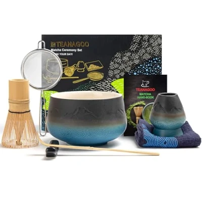 Afbeelding van TEANAGOO Japanse Matcha set (7 stuks) garde Mtacha schaal met schenktuit Bamboe (chasen) schep (chashaku) houder N23, Gradient Navy, groene thee