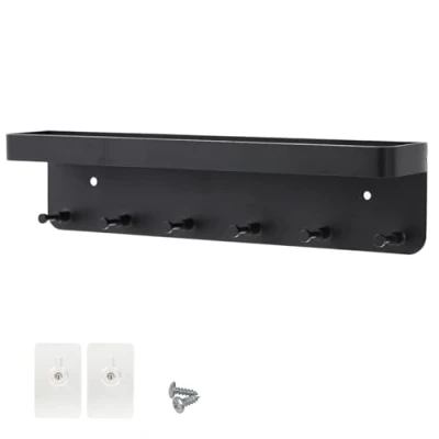 Afbeelding van Sleutelhouder voor wandmontage met plank zonder boren, zelfklevend, uitgerust nano lijm, 6 wandsleutelhangers en haken in mat zwart, ideaal entree, hal keuken