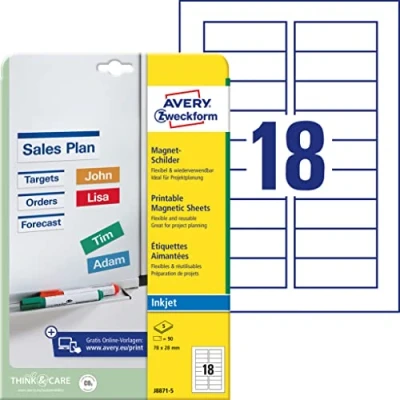Afbeelding van Avery Zweckform J8871 5 Magneetetiketten Ft 78 X 28 Mm (b H), Zonder Coating, 90 Etiketten, Wit Magneten