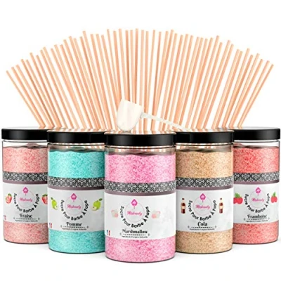 Afbeelding van Misskandy® suikerspin suiker voor machines, set (5 x 300 g), natuurlijke aroma&#039;s en kleurstoffen: Smaken: aardbei, appel, marshmallow, cola, framboos, poeder + 50 stokjes, gemaakt in