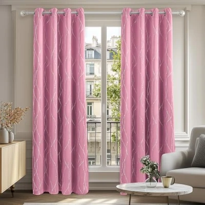 Afbeelding van Deconovo Set van 2 verduisteringsgordijnen voor de woonkamer, zilveren stippenpatroon, warmte isolerend, koudebescherming, met ringen, 117 x 138 cm, roze