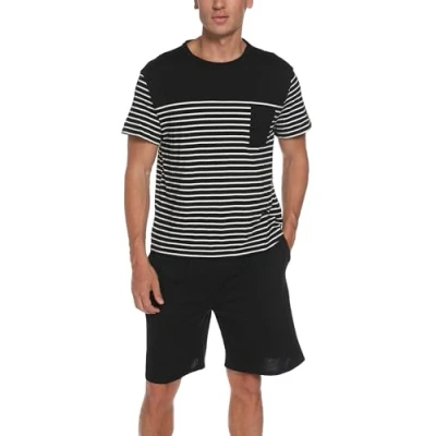 Afbeelding van Reliwel korte pyjama voor heren, tweedelige katoenen zomerpyjama met mouwen, zachte shorts, zwart.