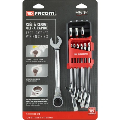 Afbeelding van Facom Anti Slip Ringsteeksleutelset met ratel en snelle vork in Houder 10 delig 467BR.JP10PB