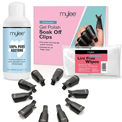Image de Mylee Kit Dissolvant pour Vernis à Ongles Gel Acétone pur 300 ml + 100 Lingettes Non Pelucheuses 10 pinces Gel, Tampons de Retrait, Clips Réutilisables