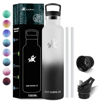 Afbeelding van KollyKolla Thermosfles, 1 l, thermosfles met rietje, BPA vrije waterfles, herbruikbaar, lekvrij, roestvrijstalen fles voor kinderen, volwassenen, sport, sportschool, reizen, 2 doppen
