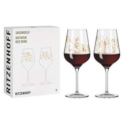 Afbeelding van RITZENHOFF 3401001 Sagengold Set van 2 rode wijnglazen 500 ml serie nr. 1 met mythologisch motief, echt goud Made in Germany