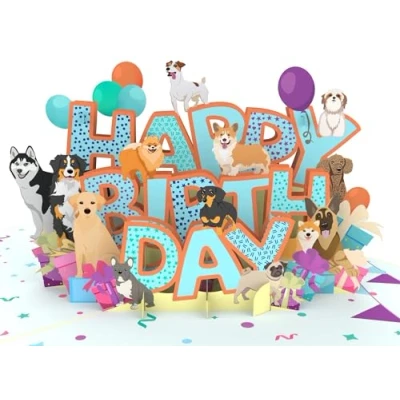 Afbeelding van MOKIO® Verjaardagskaart pop up Happy Birthday Honden 3D cadeaukaart voor verjaardag, als voucherkaart of geldgeschenken, wenskaart met hond
