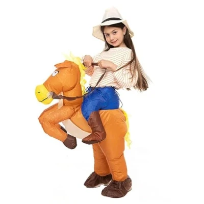 Afbeelding van AirSuit® Opblaasbaar cowboykostuum voor kinderen, maat 90 tot 120 cm, kostuum kostuumfeest, van zeer duurzaam polyester, aangenaam om te dragen, inclusief opblaassysteem, OriginalCup®
