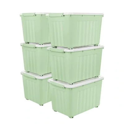 Afbeelding van Cetomo Set van 6 opbergdozen kunststof, 55 l x 6, groen, met duurzaam deksel en veilige vergrendelingsgespen, stapelbaar, in elkaar te steken, gesp