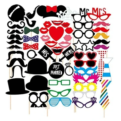 Afbeelding van JZK 58 stuks papieren feestfotocabine accessoires snor masker lippenhoed met stok voor verjaardagsfeest, bruiloft, afstudeerfeest, feestaccessoires, decoraties