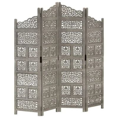 Afbeelding van Kamerscherm 4 panelen handgesneden 160x165 cm mangohout grijs