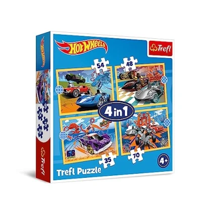 Afbeelding van Trefl Hot Wheels auto&#039;s 4 in 1 puzzels, puzzels van 35 tot 70 stukjes kleurrijke met cultauto&#039;s, verschillende moeilijkheidsniveaus, voor kinderen vanaf jaar