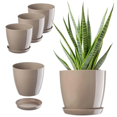 Afbeelding van KADAX Set bloempotten met onderzetter, ronde kunststof plantenbak, bloempot voor binnen en kamerplanten, kruidenpot (set 3: 23 cm, beige)