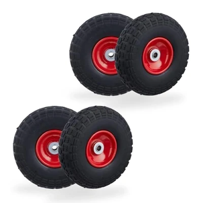 Afbeelding van Relaxdays steekwagenwiel set van 4 4.10/3.50 skelterwiel massief rubber 16 mm zwart rood
