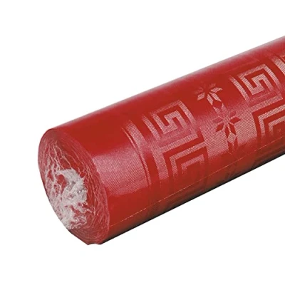 Afbeelding van Pro tafelkleed: damastpapieren wegwerptafelkleed op een rol van 50 m lang en 1,20 breed, rode kleur. Damastpapier met chic klassiek universeel patroon, ref R485021I