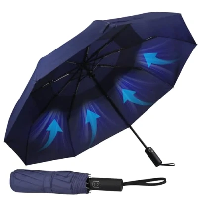 Afbeelding van Hannstar Zakparaplu, automatisch openen en sluiten, klein, compact, licht, sterk, winddicht stormbestendig, dubbele ventilatie, voor dames heren, Donkerblauw
