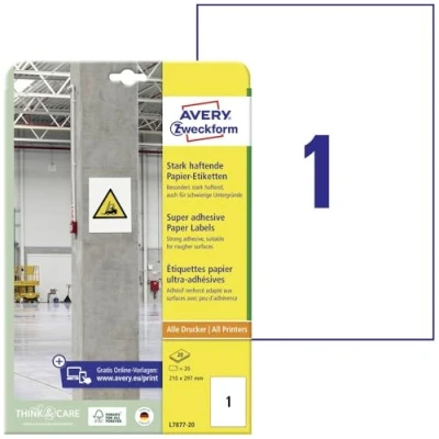 Afbeelding van Avery Zweckform L7877 20 ( 210 x 297 mm, Wit, stuk(s), Permanent hechtend, Sterk hechtend