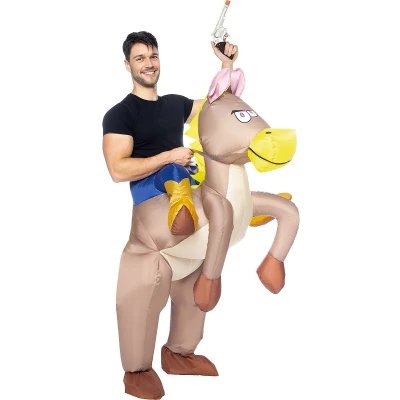 Afbeelding van FUNIDELIA Piggyback Cowboy met Opblaasbaar Paard Kostuum voor volwassenen Ons Size