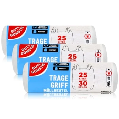 Afbeelding van Gut &amp; Günstig 30 stuks vuilniszakken voor draaggreep, 25 liter (3 x stuks), scheurvast en vloeistofdicht