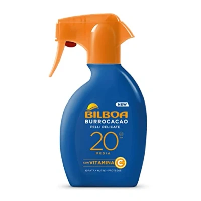 Afbeelding van Bilboa Burrocacao Trigger SPF 20 zonnespray, gemiddelde zonwering voor de gevoelige huid, formule met vitamine C, hydrateert, voedt en beschermt, dermatologisch getest, 250 ml