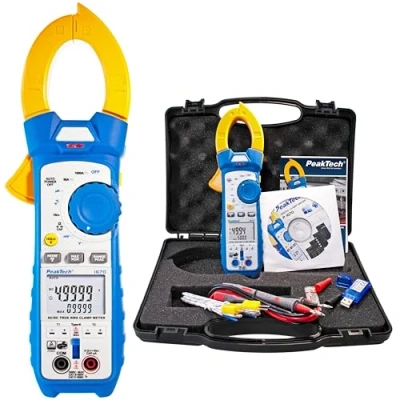 Afbeelding van PeakTech 1670 True RMS stroomtang met Bluetooth 4.0 &amp; App 1000 A AC/DC ledlamp 50.000 counts multimeter TUV/GS tang ampèremeter bloeddrukmeter blauw geel wit