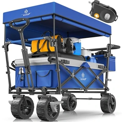 Afbeelding van KESSER® Bolderkar opvouwbaar Bolderwagen GT9000 met dak Strandkar incl. 2x 3 punts gordelsysteem massief rubberen banden tot 80 kg rem voor en achter + draagtas Blauw / Grijs
