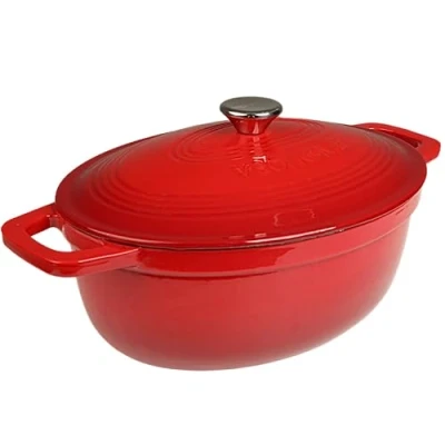 Afbeelding van VeoHome geëmailleerde gietijzeren braadpan, 6 l, zeer resistent, kookpan, compatibel met inductie/gas/oven, homogeen koken, authentieke smaken, reliëfdeksel (rood, ovaal, liter (32 cm))
