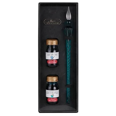 Afbeelding van Jacques Herbin 29337T set met 2 inkten 10 ml, grijsgroen en calanque blauw, een smaragdgroene glazen veer. Gemaakt in Frankrijk