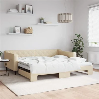 Afbeelding van vidaXL Slaapbank met onderschuifbed 100x200 cm stof crèmekleurig