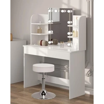 Afbeelding van WOLTU MB6106ws Make uptafel, kaptafel, met ledspiegel en in hoogte verstelbare kruk, 2 laden 4 open planken, 108 x 40 142 cm, wit hout