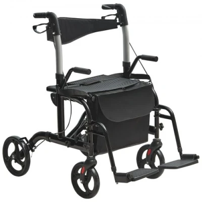 Image de VEVOR déambulateur roulant 2en1 pour personnes âgées, charge 136 kg, rollator fauteuil de transport pliable et repose pieds, léger en aluminium avec poignée réglable, roues tout terrain