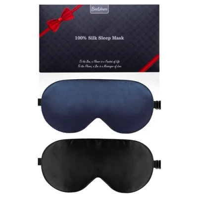 Afbeelding van BeeVines Slaapmasker, 2 verpakkingen 100% pure natuurlijke zijde om te slapen, oogmasker met verstelbare riem, hoofdband slapen (03 zwart en blauw)
