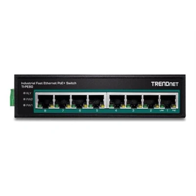 Image de TRENDnet TI PE80 Industrial commutateur 8 x 10/100 (PoE+) Montage sur rail DIN, fixation murale PoE+ (200 W) Tension CC Conformité TAA