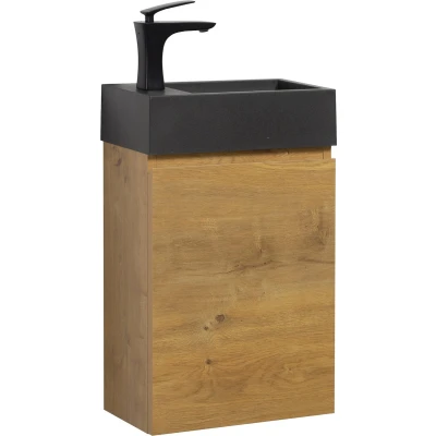 Afbeelding van Badplaats Toiletmeubel Angela 40 x 22 cm Eiken Fonteinmeubel met Zwarte Wastafel