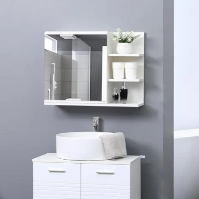 Afbeelding van kleankin Badkamerspiegelkast met legplank, 3 zijplanken, wandmontageset inbegrepen, van hout in witte look