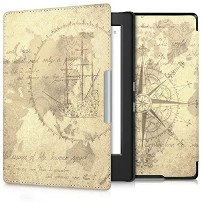 Afbeelding van kwmobile E reader hoesje geschikt voor Kobo Aura H2O Edition 1 hoes flip case met magnetische sluiting Ereader cover Vintage Travel design in bruin / lichtbruin