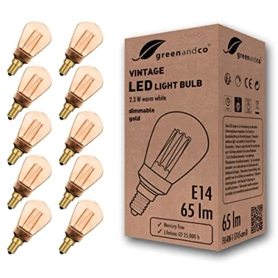 Afbeelding van Greenandco® ledlampen, dimbaar, decoratief, vintage, retro, industrieel, antiek, Edison, E14, ST45, 2,3 W, 65 lm, 1800 K, zeer warm wit, 320 graden, 230 V, geen flikkeren, 10 stuks