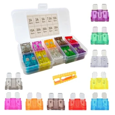 Afbeelding van Aiqeer 80 delige set autozekeringen, standaard bladzekeringen, reservezekeringen met zekeringtrekker (2 A/3 A/5 A/7,5 A/10 A/15 A/20 A/25 A/30 A/35 A)