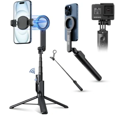 Afbeelding van JJC Magnetische selfiestick, 101,6 cm uittrekbaar statief met draadloze afstandsbediening voor iPhone 16 15 14 13 12 (MagSafe houder) en Samsung, Huawei, Google smartphones meer (wit)