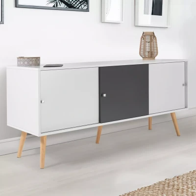 Image de Buffet bas scandinave EFFIE 3 portes bois blanc et gris 135 cm