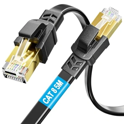 Afbeelding van Soibke Ethernet kabel, Cat8, 5 m, plat, RJ45 internetkabel, hoge snelheid, 40 Gbit/s, 2000 MHz, netwerkkabel, high speed Gigabit LAN zwart voor pc, router,