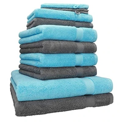Afbeelding van Betz 10 St. Handdoekenset Premium 100% katoen 2 douchehanddoeken 4 handdoeken gastendoekjes washandjes, kleur turquoise &amp; antraciet