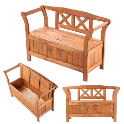 Afbeelding van KADAX Tuinbank 120 x 47 81,5 cm, houtvezelplaat met opbergruimte en rugleuning, weerbestendig, voor tuin, balkon, 119 eiken goud