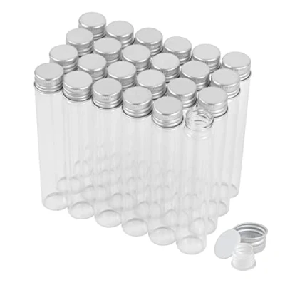 Afbeelding van 24 reageerbuizen van transparant glas, 30 ml, met schroefdoppen en kunststof doppen, vloeibare monsterflessen, platte monsterbuizen, lekvrij