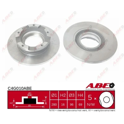 Afbeelding van ABE C4G010ABE Remschijf Achteras 280 16 5 volledig VOLVO: V60 I, S60 II, S80 FORD: Transit Mk6 Van, Galaxy Mk2 MPV, Platform / Chassis