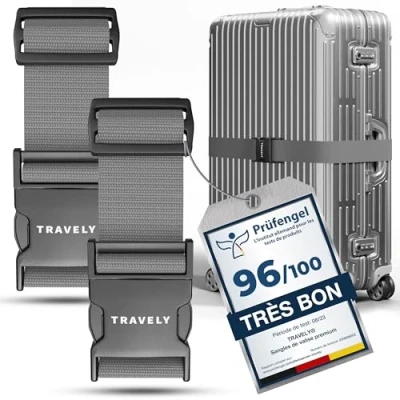 Afbeelding van Travely® Set van 2 hoogwaardige kofferriemen, bijzonder opvallend en veilig, met naamlabels, ideale kofferriem aan het kruis, Grijs